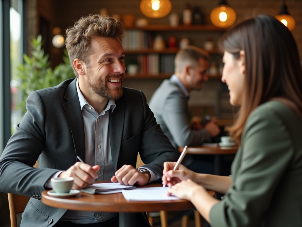 Two professionals smiling and conversing over notebooks in a cozy cafe.