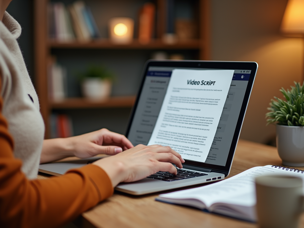 A person typing on a laptop with a document titled "Video Script" visible on the screen, surrounded by books and a plant.