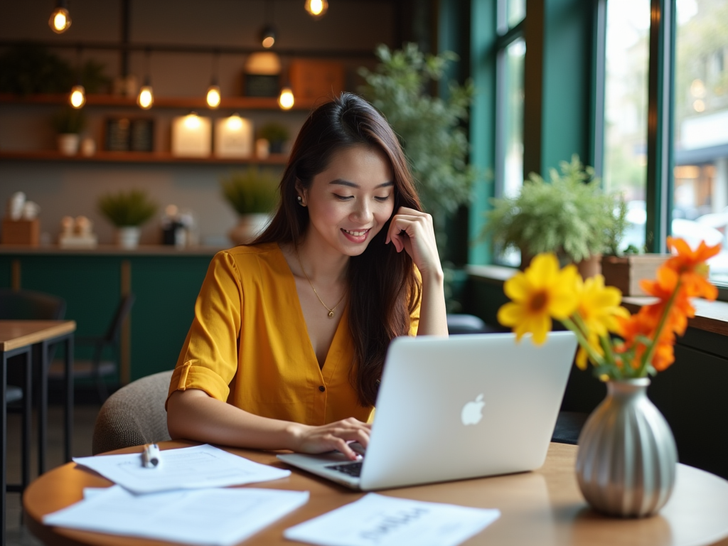 Woman in yellow blouse working on laptop with papers and flowers on table in cafe.