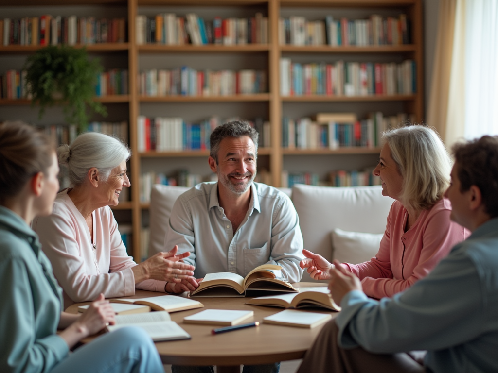 A group of five people engaged in a lively discussion around a table with books, smiling at each other.