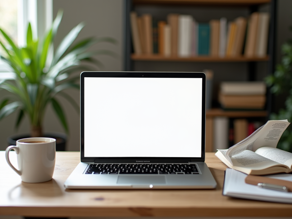 A laptop on a wooden desk next to a coffee cup, notebook, and open book, with plants and shelves in the background.