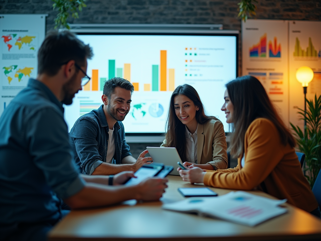 Three colleagues discuss data charts on screen in a modern office setting.