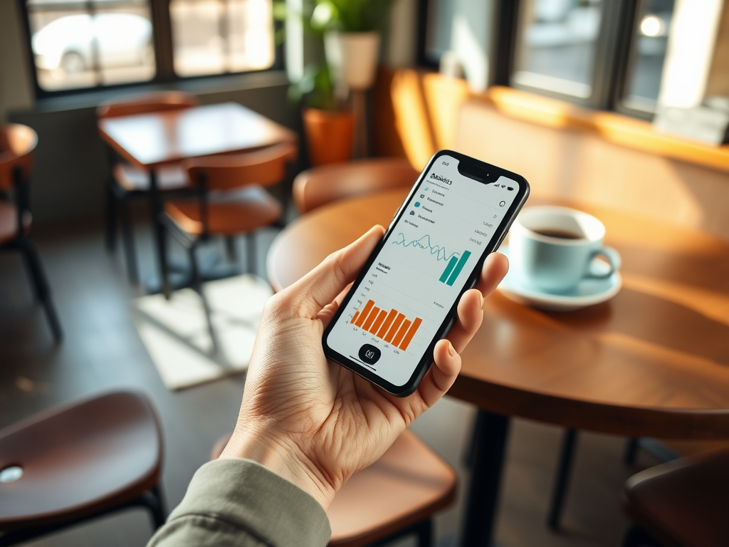 A person holds a smartphone displaying graphs and charts in a cozy café setting with tables and a coffee cup nearby.