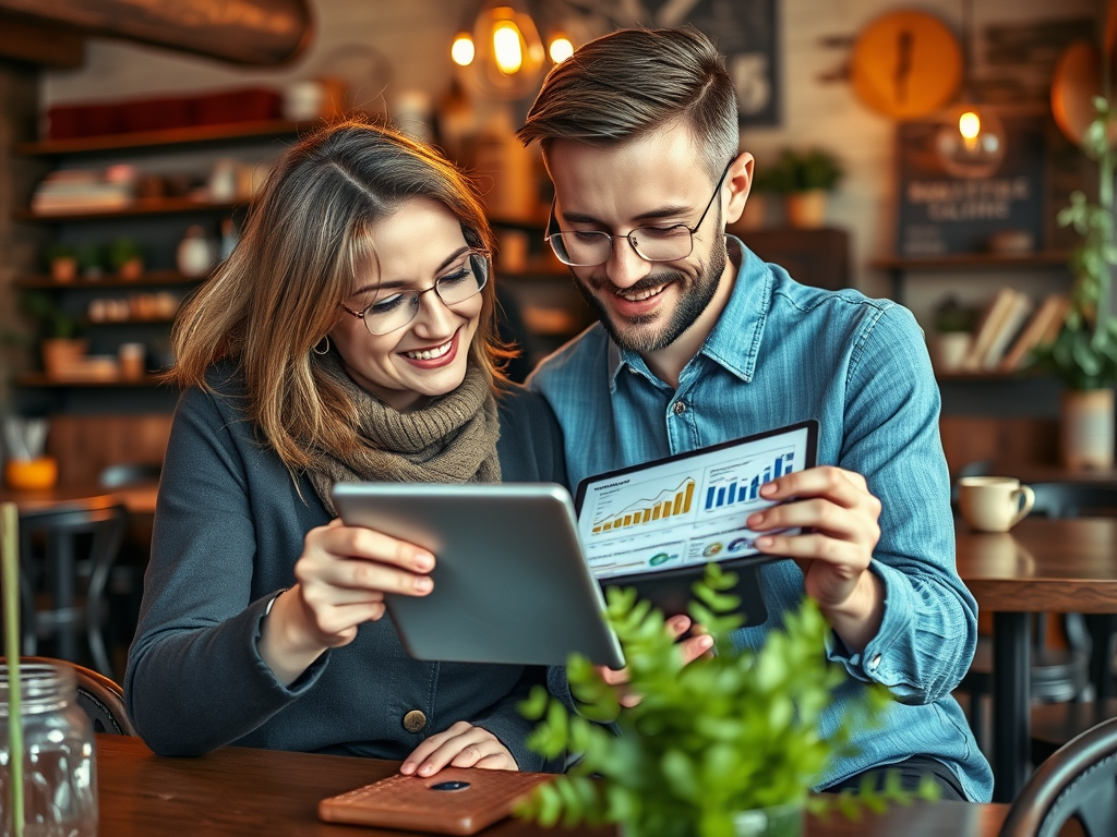 A smiling man and woman look at a tablet displaying colorful graphs in a cozy café setting.