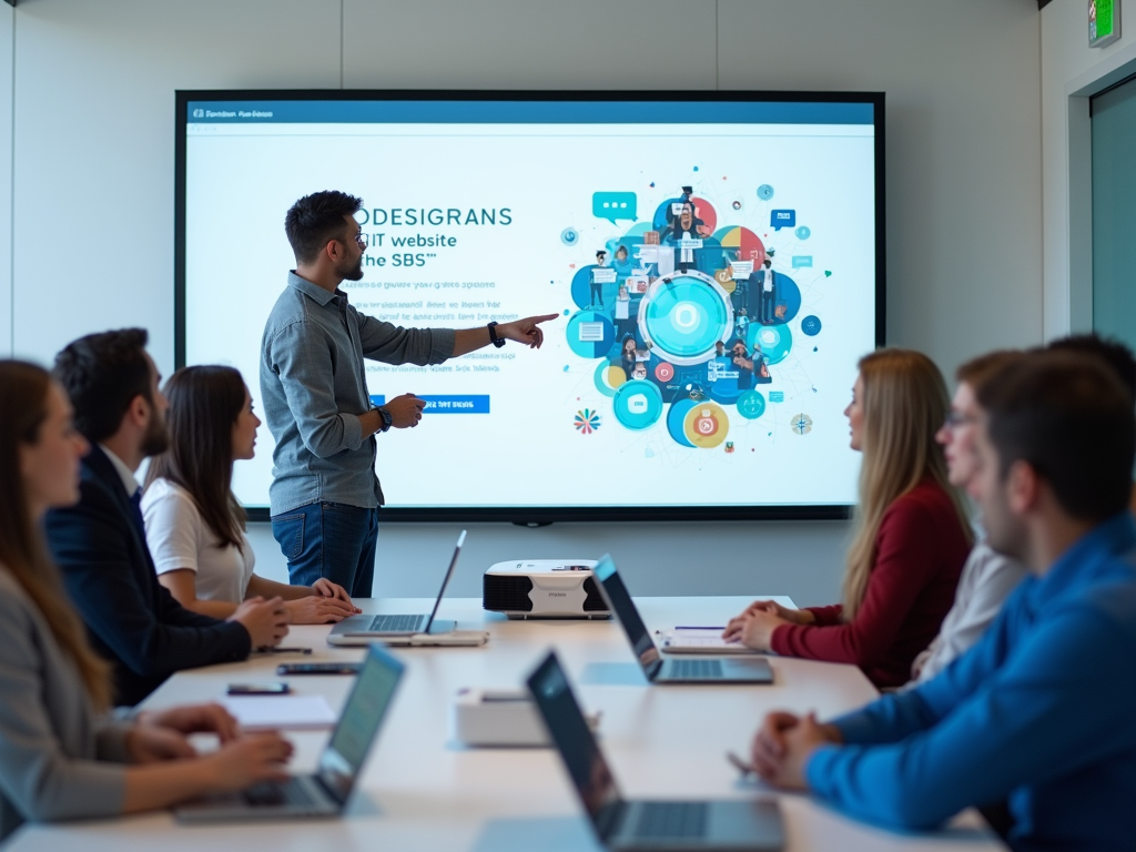 A presenter discusses a website project in a meeting room with a group of attentive colleagues and a screen display.