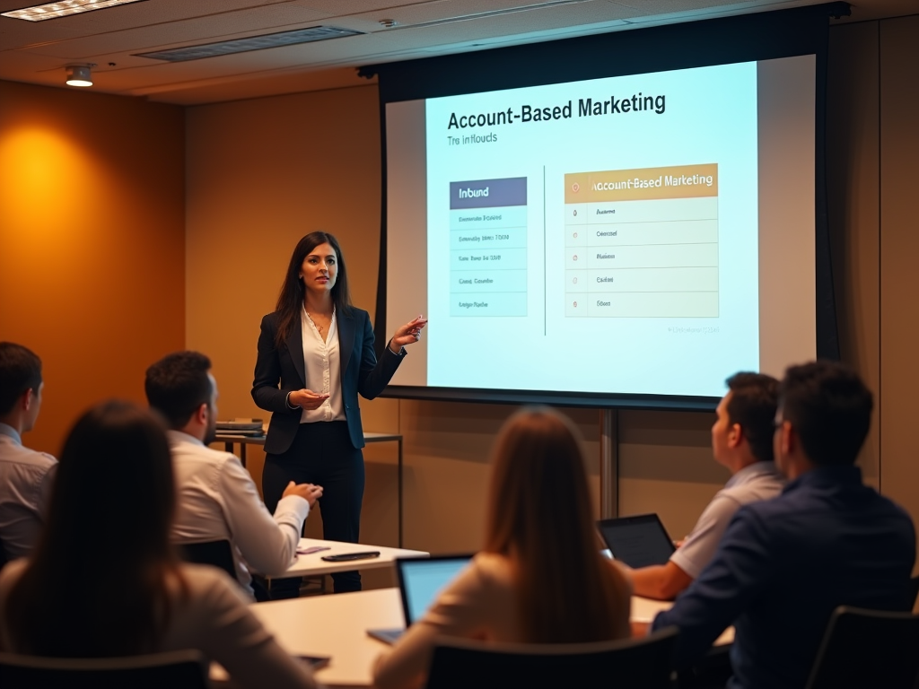 Woman presenting Account-Based Marketing concepts to attentive audience in a conference room.