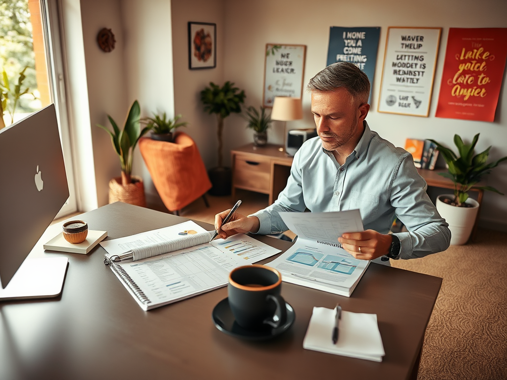 A man studying documents and taking notes in a cozy office, with plants and motivational posters in the background.