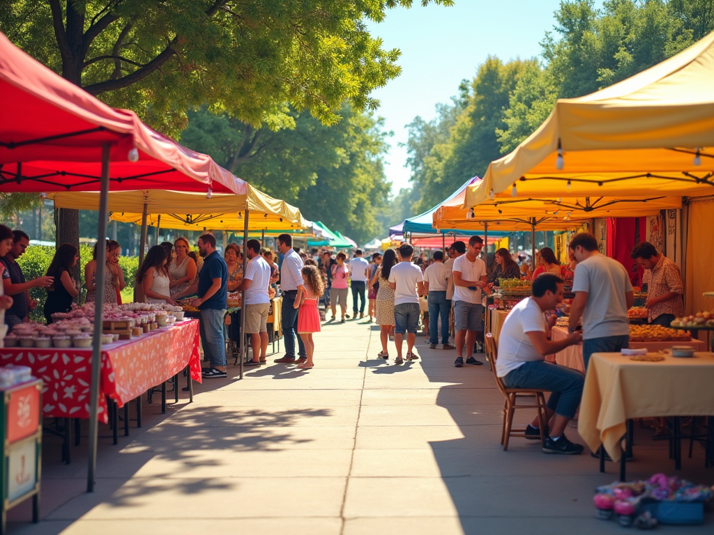 Vibrant outdoor market with crowds shopping among colorful stalls under sunny skies.