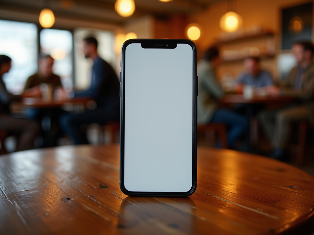 Smartphone with a blank screen on a wooden table in a busy cafe, blurred background with people.