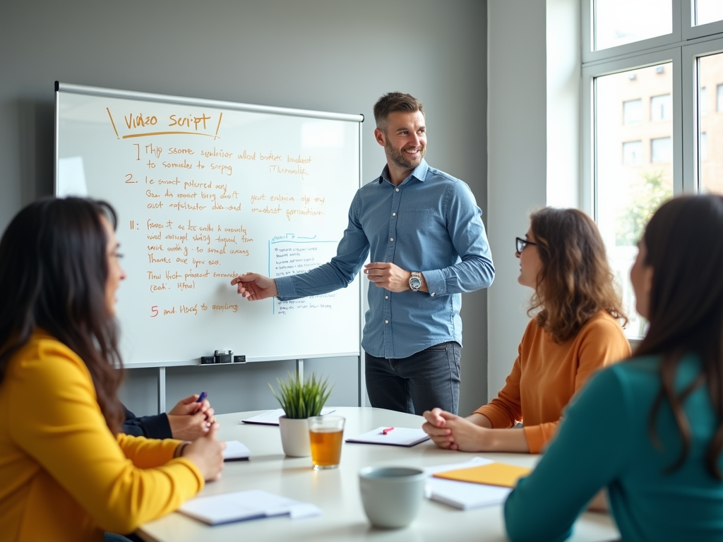 A presenter explains a video script to a group in a bright, modern meeting room. Participants are engaged and taking notes.