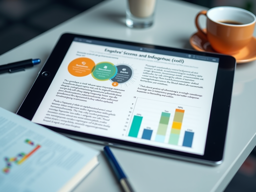 A tablet displays a document with graphs and circles, beside a cup of coffee and a pen on a table.