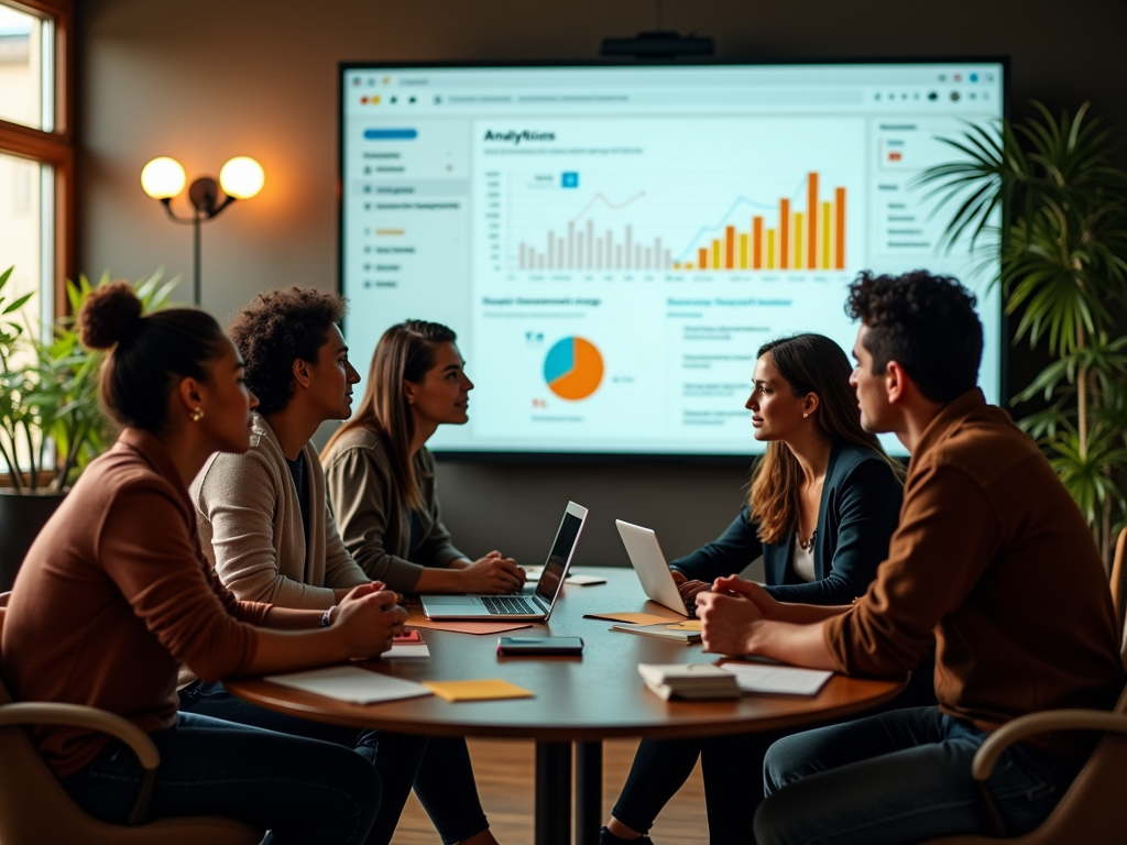 Diverse group of professionals analyzing data on a screen in a meeting room.