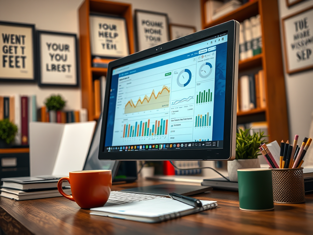 A workspace featuring a computer displaying graphs and charts, a coffee mug, notepad, and decorative plants.