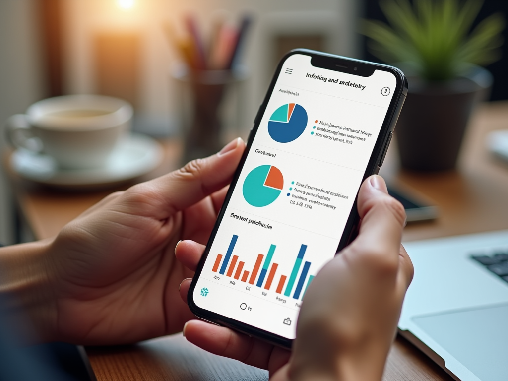 Hands holding smartphone displaying financial charts and graphs, with coffee and laptop in background.