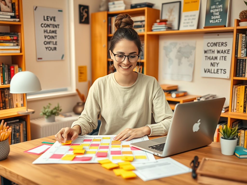 A smiling woman works at a desk with a laptop, calendar, and colorful post-it notes in a cozy workspace.