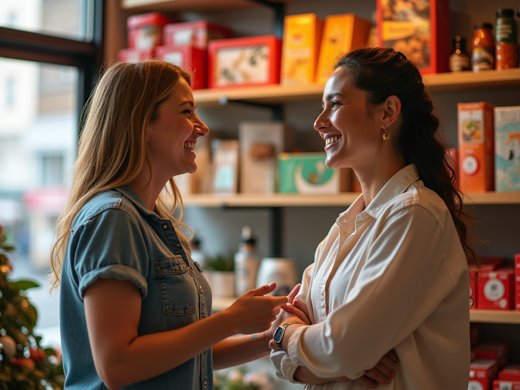 Two women chatting happily in a cozy store surrounded by products on shelves.