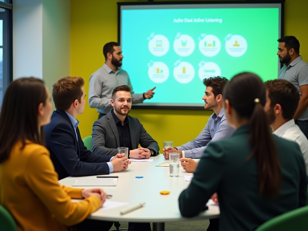 Professionals in a meeting with a presenter discussing "Active Duel / Active Listening" on a screen.