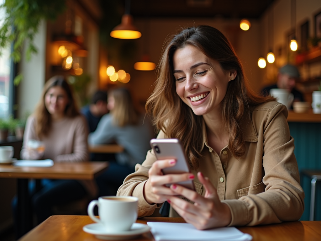 Smiling woman using smartphone in a cozy café with a coffee cup on the table.