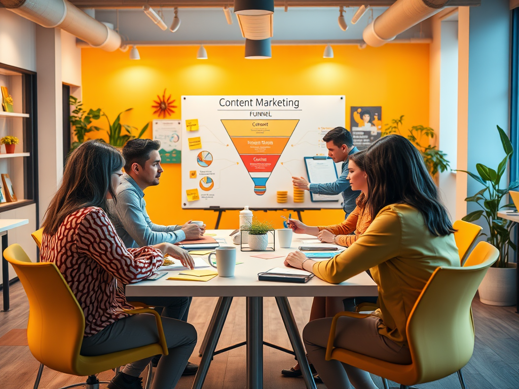 A team meeting in a bright room discussing the content marketing funnel, with charts and notes visible.