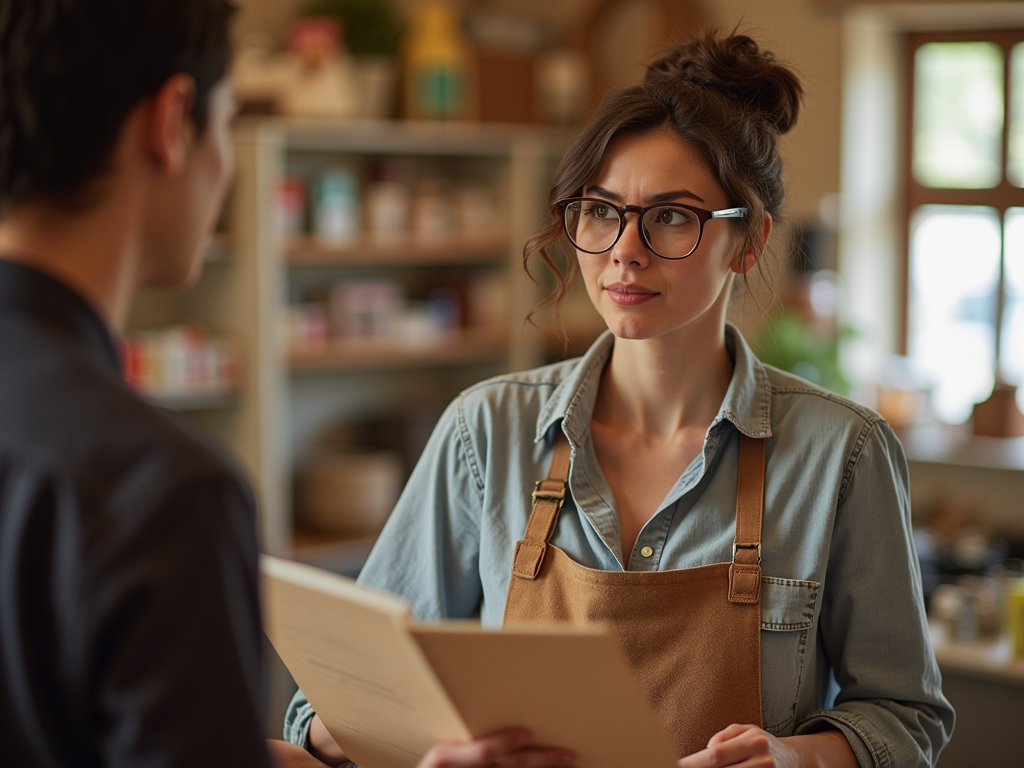 A woman in glasses, wearing an apron, listens attentively to a man holding papers in a bright, cozy shop.