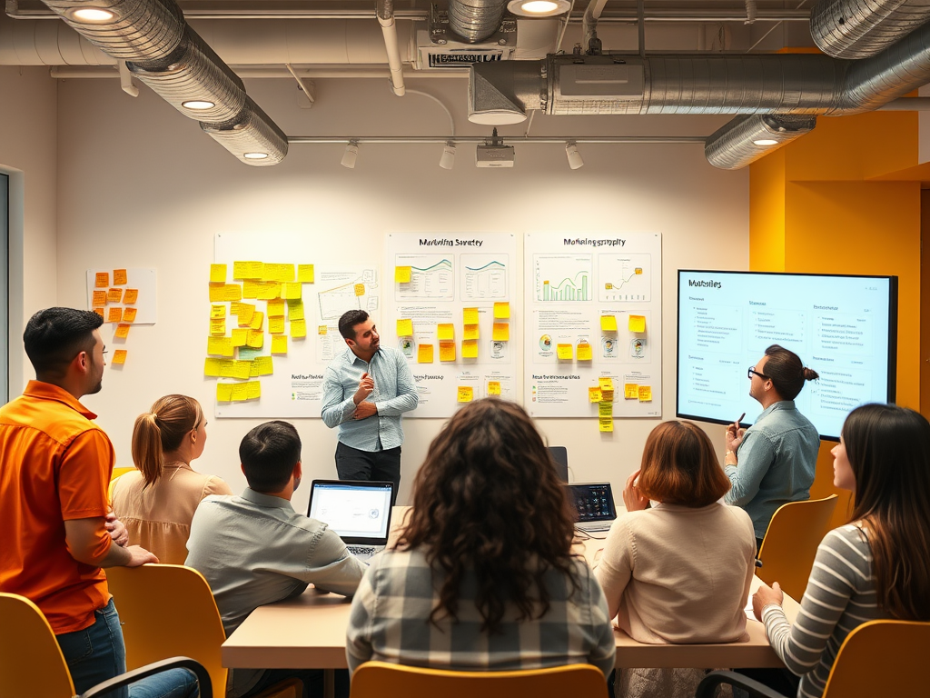 A team meeting in a bright room, with a presenter discussing ideas using sticky notes and a screen display.