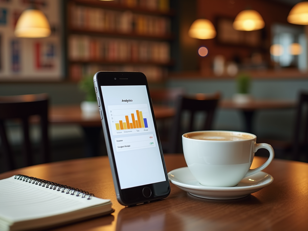 Smartphone displaying bar chart analysis next to a coffee cup and notebook on a table in a café.