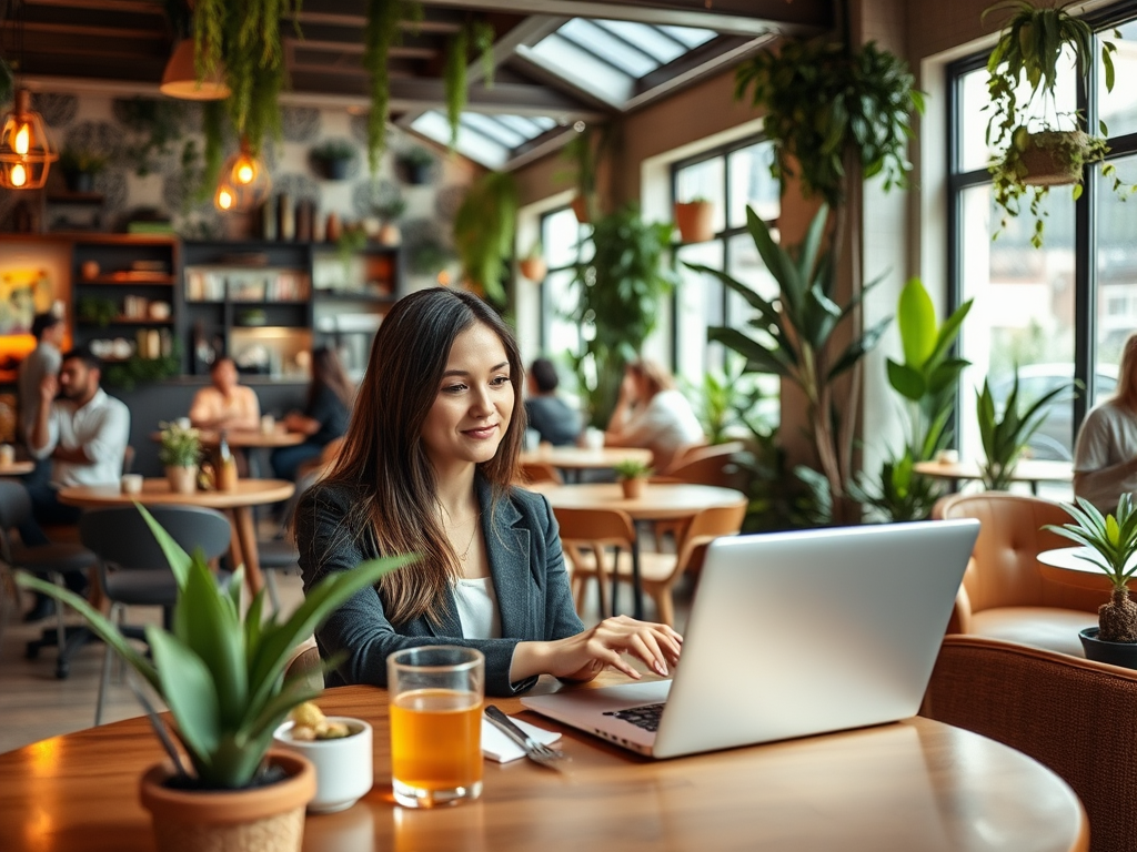 A young woman works on her laptop in a cozy café filled with plants and people, enjoying a drink on the table.